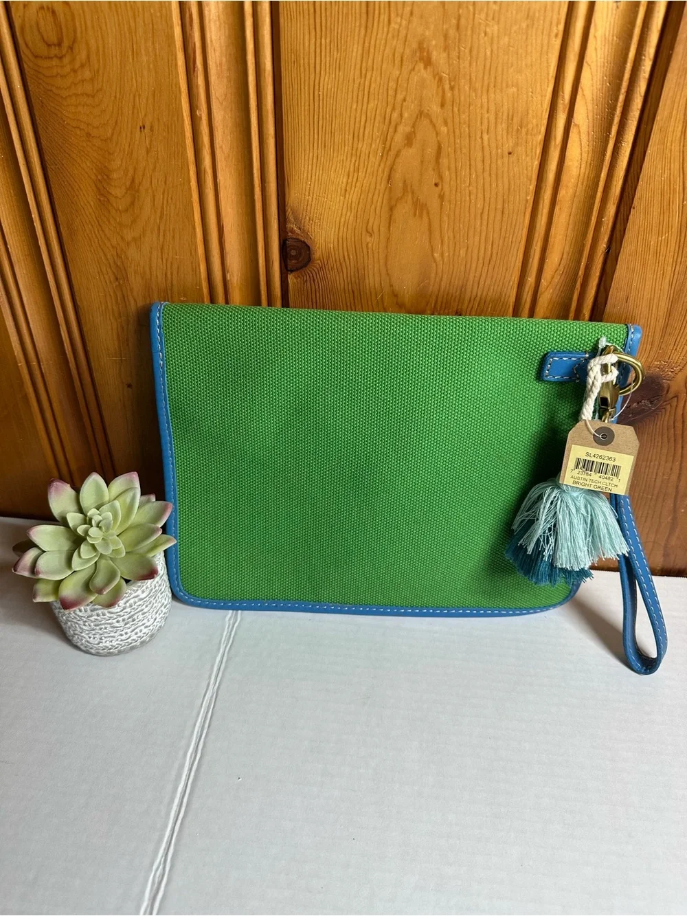Fossil Green Canvas Wristlet Clutch with Blue Trim